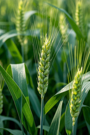 Close up of wheat in a green wheat fieldの素材