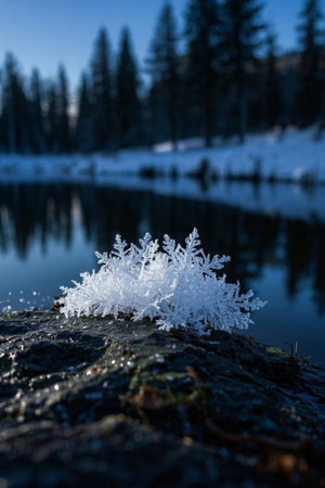 Close up of snowflakes on lakeside rocksの素材