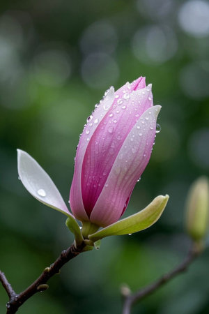 Close up of pink magnolia with water beadsの素材