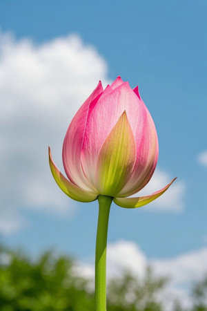 Pink lotus flowers against a blue sky backgroundの素材