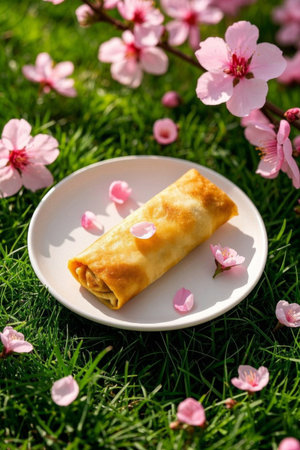 Spring rolls and peach blossoms on a plate on the grassの素材