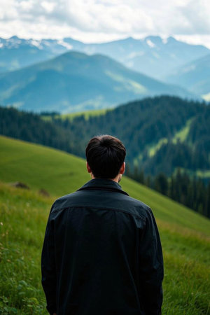 Man looking out at the natural scenery in the mountainsの素材