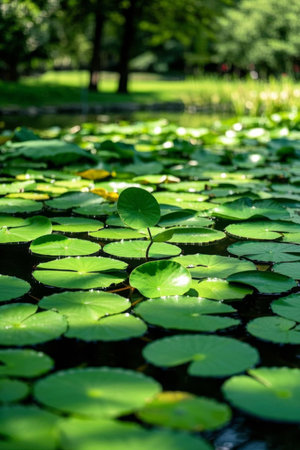 Green water lily leaves floating in the pondの素材