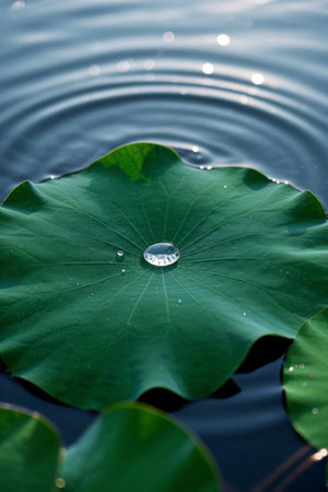 Water beads and ripples on the lotus leavesの素材
