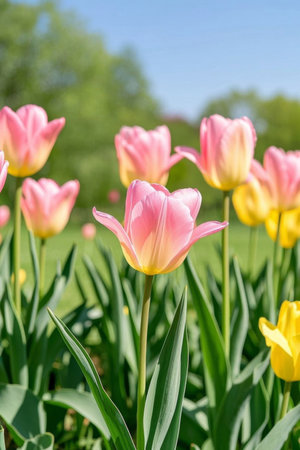 Pink and yellow tulips in bloomの素材