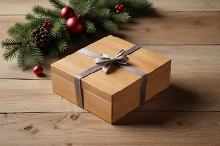 Wooden gift box with Christmas decorationの素材