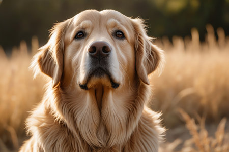 Close up of a golden retriever in the meadowの素材