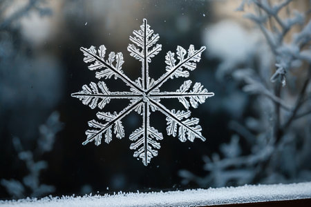 Close up of exquisite snowflakes on the windowの素材