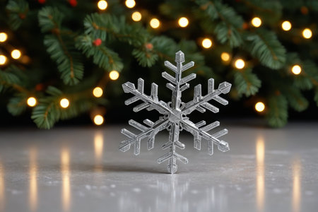 Christmas snowflake decorations with Christmas tree backgroundの素材