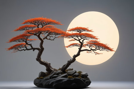 Red Maple Bonsai on a Moonlit Nightの素材