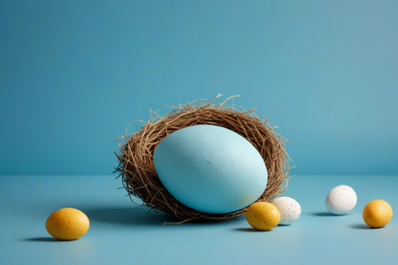 Bird's nest and Easter egg material on blue backgroundの素材