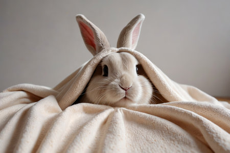 Close up of cute bunny under blanketの素材