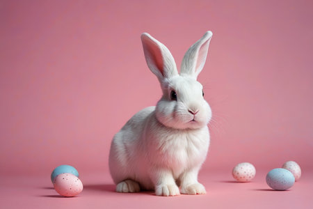 Easter Bunny and eggs on pink backgroundの素材