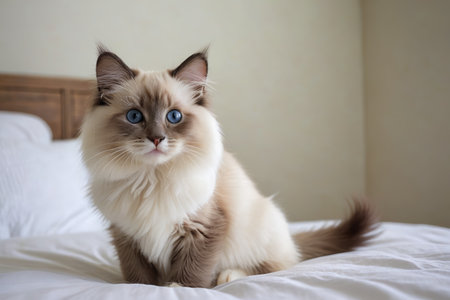 Blue eyed long haired cat sitting in bedの素材