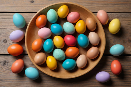 Colorful Easter decorated eggs on a wooden plateの素材