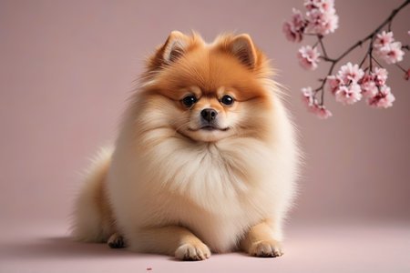 Pomeranian with pink background and flower branchesの素材