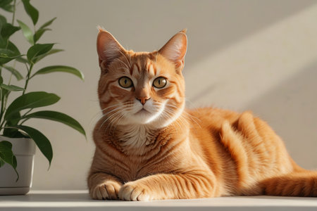 Orange striped cat lying on the tableの素材