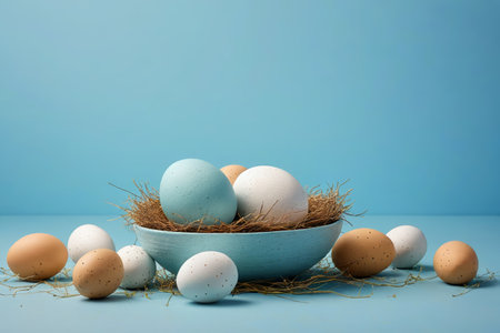 Bird's nest and colorful eggs in a bowlの素材