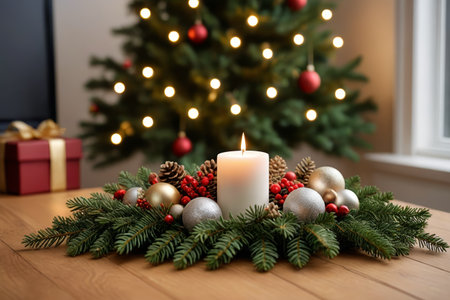 Christmas Decorative Candles with Christmas Tree Sceneの素材