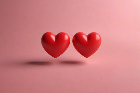 Close up of two red floating heartsの素材