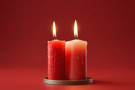 Two candles burning on a red backgroundの素材