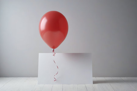 Red balloon hanging over blank cardの素材