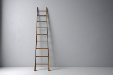 Wooden ladder placed against the wallの素材