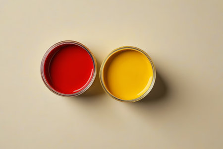 Red and yellow paint can overhead shooting materialの素材