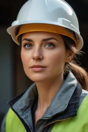 Female engineers wearing hard hatsの素材
