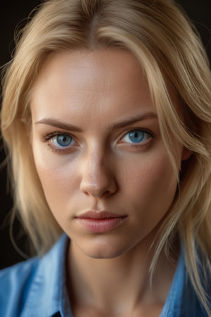 Blonde and blue eyed female face close upの素材