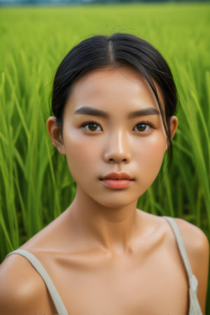 Portrait of Asian woman in front of rice fieldの素材