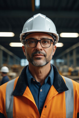Bust of an industrial worker wearing a hard hatの素材