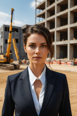 Business women take photos in front of construction sitesの素材