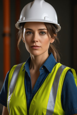 Female workers wearing hard hats and reflective vestsの素材