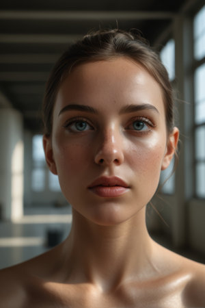 Close up portrait of an indoor female faceの素材