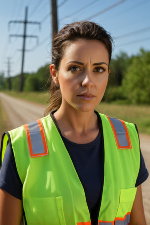 Outdoor image of women wearing reflective vestsの素材