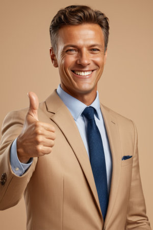 Suit man gives thumbs up and smilesの素材