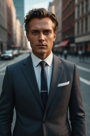 Close up of the front of a man in a street suitの素材