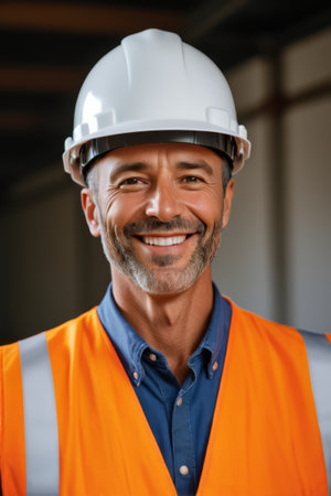 Workers wearing hard hats and reflective vestsの素材