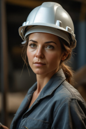 Female industrial workers wearing hard hatsの素材