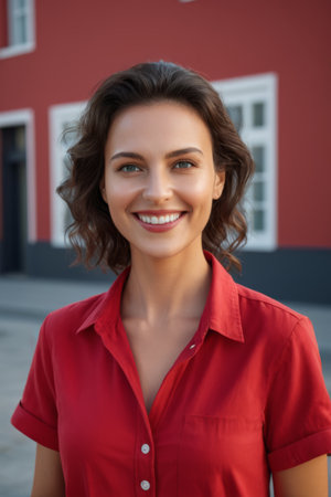 Portrait of smiling lady in red shirtの素材