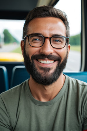 Portrait of smiling man on busの素材