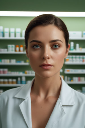 Close up of a female pharmacist in a pharmacyの素材