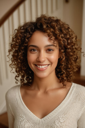 Portrait of a curly haired woman smilingの素材