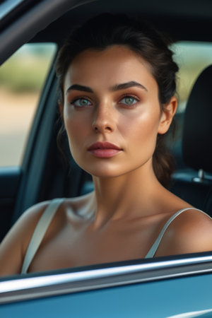 Close up of the young woman in the carの素材