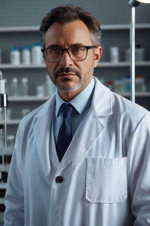 Serious portrait of a male doctor in a white coatの素材