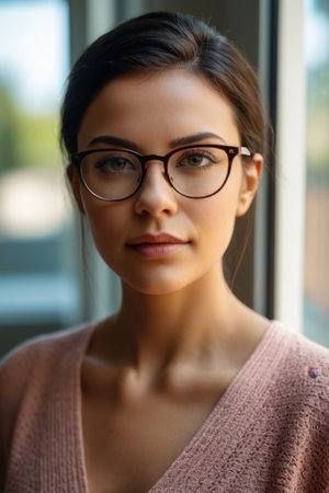 Close up portrait of a woman wearing glassesの素材