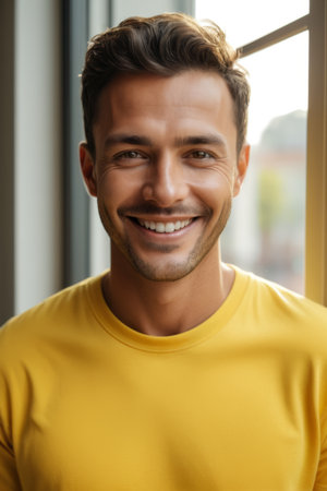 Close up of a smiling man in yellowの素材