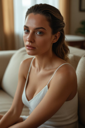 Portrait of young woman sitting on sofaの素材