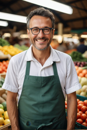 Smiling image of a middle aged male vendor in the marketの素材